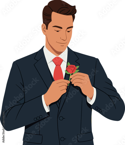 Man in Suit Adjusting Red Rose Boutonniere on Wedding Occasion Groom Attire