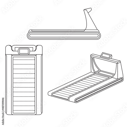 Set of treadmill illustrations in different angle: top, side, and isometric perspective views. Line-art style for fitness, gym, health, training, and exercise equipment visuals.