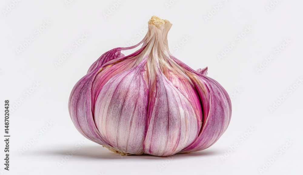 Obraz premium Close-up of a single garlic bulb on a white background.