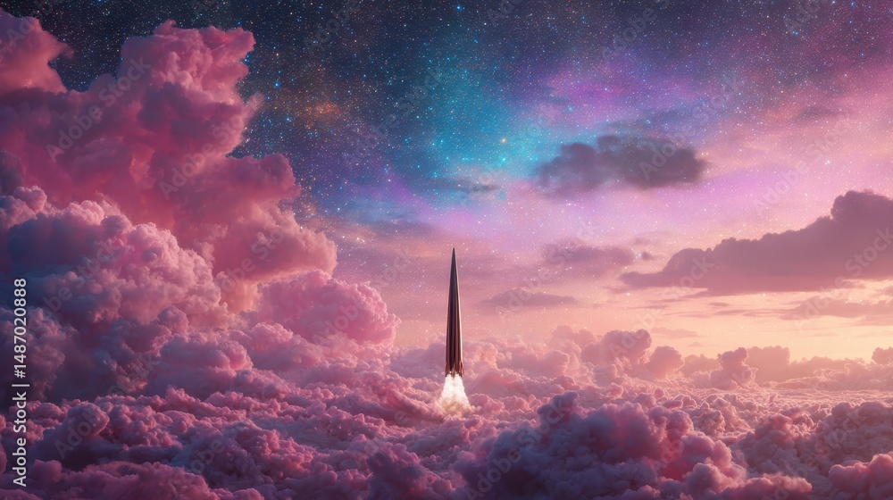 Fototapeta premium Rocket Launching Into Vibrant Clouds Under Starry Sky at Dusk with Beautiful Color Palette of Pink, Purple, and Blue Illuminating the Scene