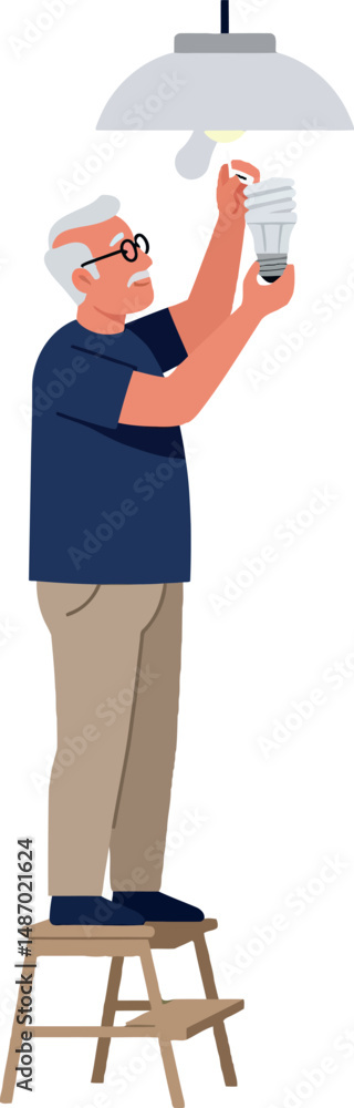 Elderly man changing light bulb on wooden step stool vector illustration Elderly man changing light bulb on wooden step stool vector illustration