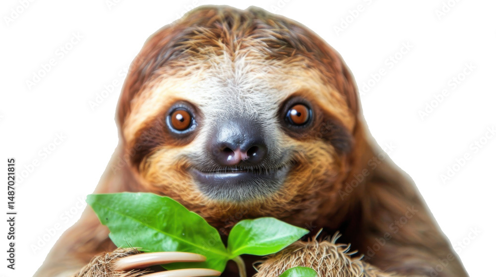 Fototapeta premium Sloth Face Close‑Up With Green Leaf 