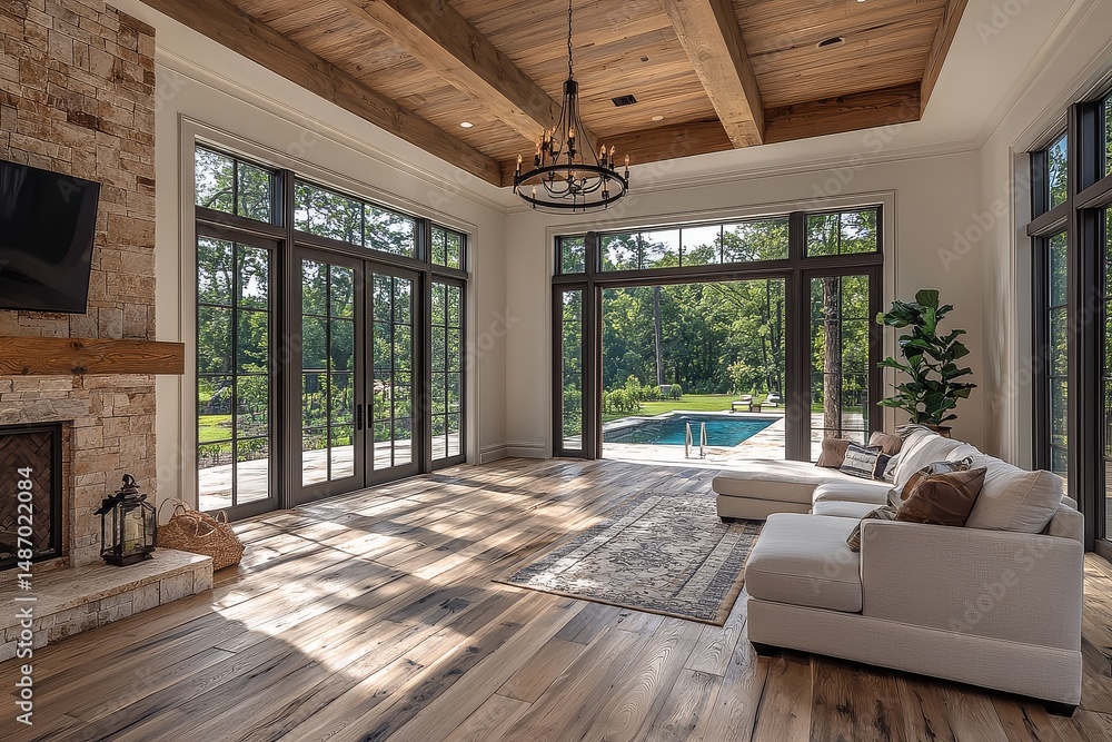 Obraz premium Large room with white oak flooring, sliding glass doors to outdoor pool, light wood ceiling beams, and chandelier on side wall in modern home interior