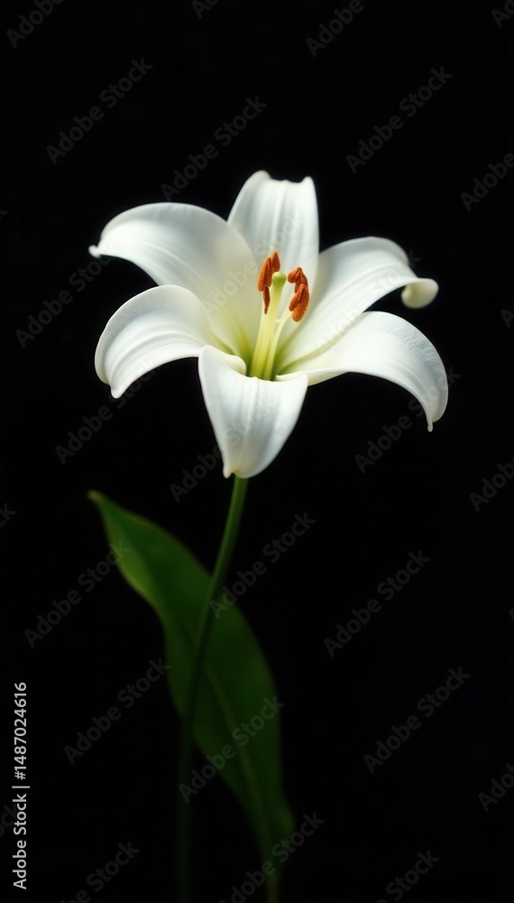Obraz premium Single white lily, stark contrast against deep black background, blossom, purity, isolated