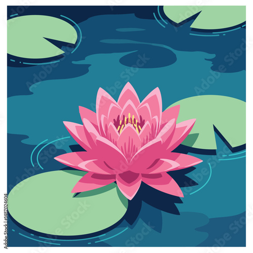Pink water lily flower with green lily pads on blue water vector illustration natural beauty 