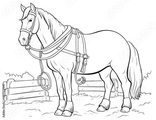 A coloring page of an elegant shire horse wearing a saddle and bridle.