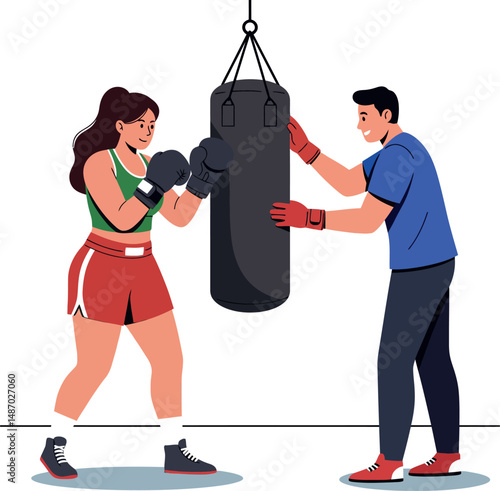 Woman boxing training with male coach hitting punching bag fitness exercise vector illustration 