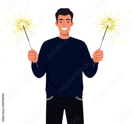 Young man holding two sparklers celebration festive event happiness joy 