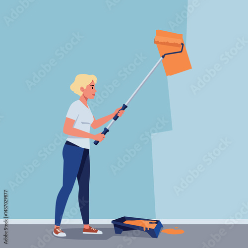 Woman painting wall with roller brush in home interior renovation project vector illustration 
