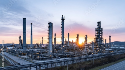 Wallpaper Mural Industrial complex with towers and pipes against a sunset sky. Torontodigital.ca