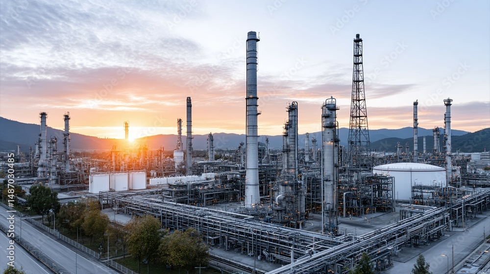Obraz premium Industrial complex with pipelines and towers against a sunset sky.