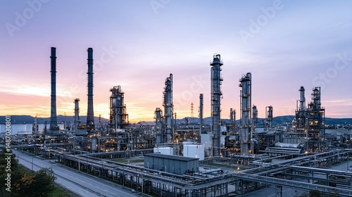 Wallpaper Mural Industrial complex with towers pipes and infrastructure under a colorful sky. Torontodigital.ca