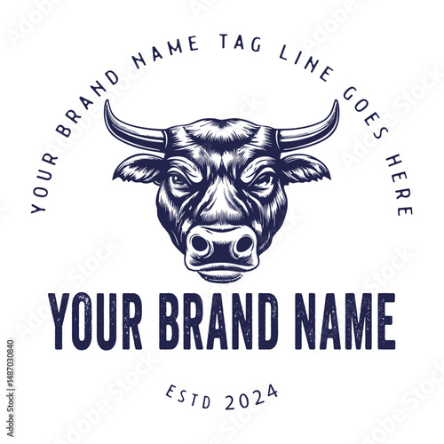 Hand drawn Bull logo illustration in vintage style