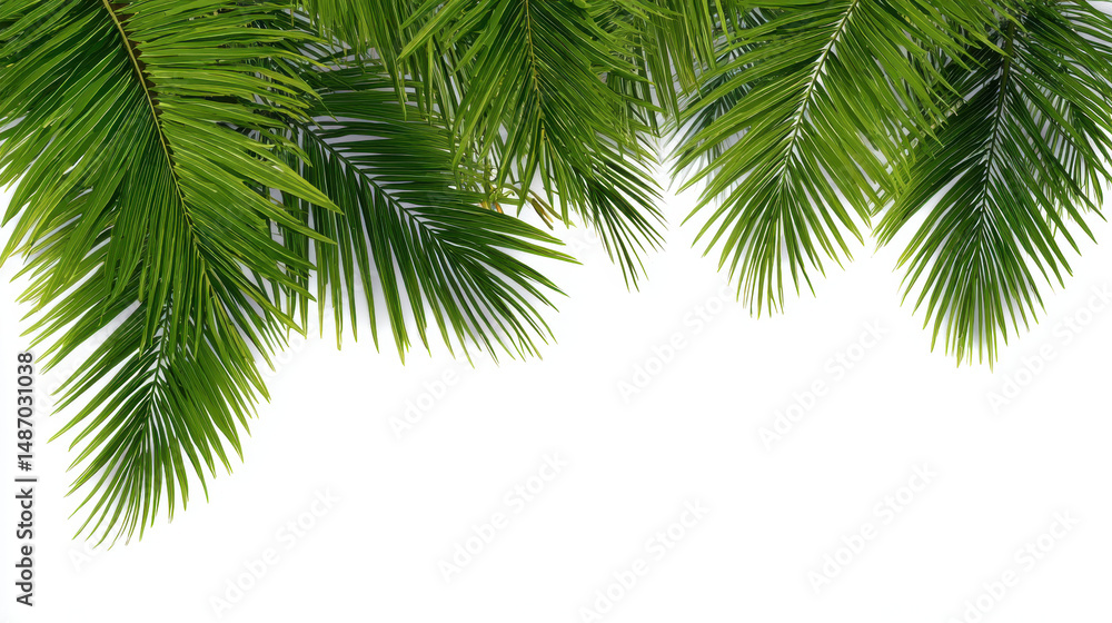 Naklejka premium Lush green palm leaves create vibrant tropical atmosphere, perfect for summer vibes and relaxation