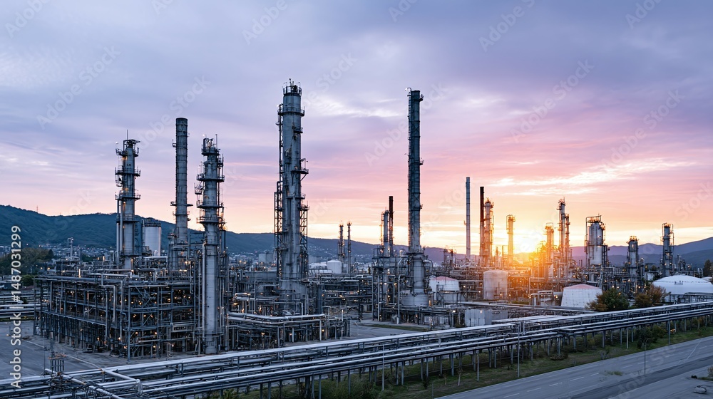 Obraz premium Industrial complex with chimneys and pipes against a sunset sky.