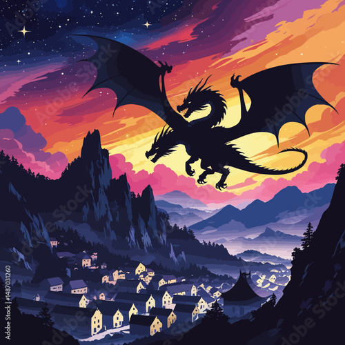 Majestic Three Headed Dragon Silhouette Soaring Above Picturesque Mountain Village Fantasy Art Digital Painting Dramatic Sunset Sky Epic Landscape Illustration Breathtaking View Colorful Scenery Dark 