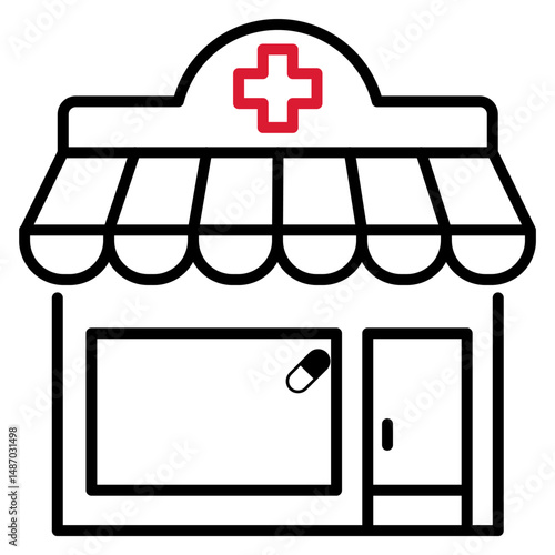 a pharmacy or medical clinic building with a red cross symbol 