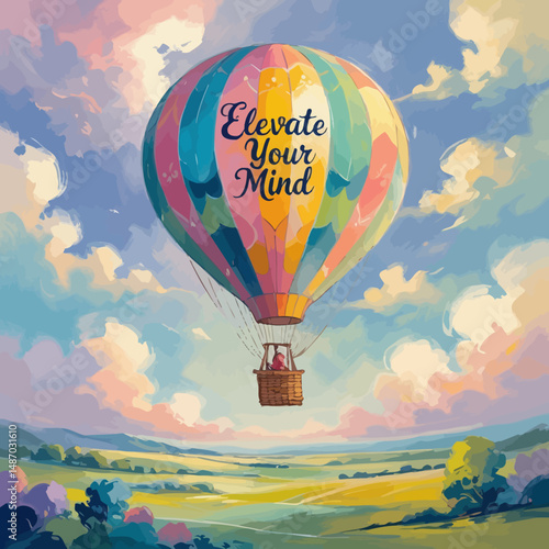 Colorful Hot Air Balloon Flight Peaceful Sky Scenic Landscape Colorful Artistic Illustration Elevate Your Mind Inspirational Travel Adventure Journey Upward Movement Freedom Hope Dream Aspirations    
