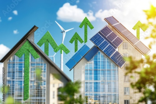 Modern environmentally friendly houses with solar panels and wind turbines, showing increasing value