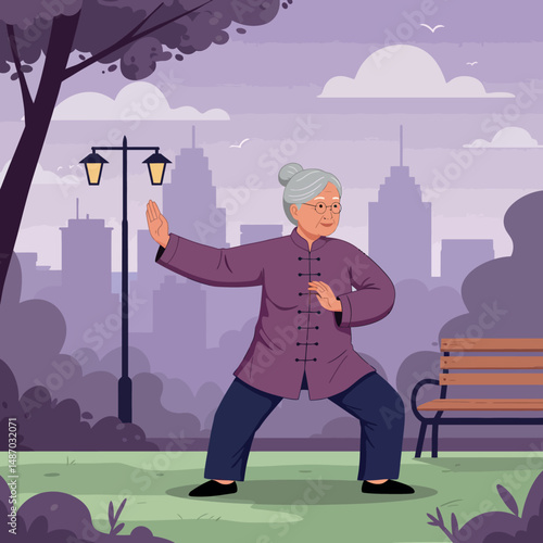 Elderly Woman Practicing Tai Chi in Purple Urban Park during Evening Relaxation 