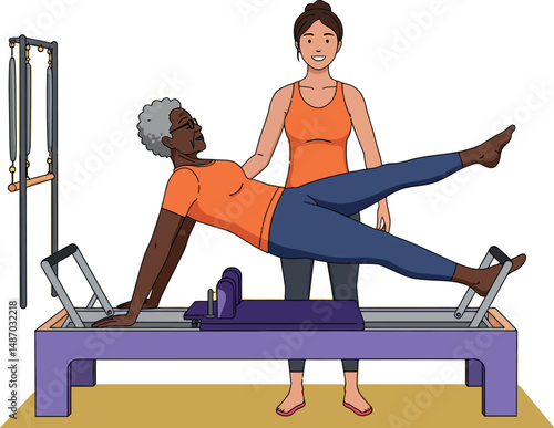 Senior woman exercising on Pilates reformer with female instructor helping and guiding 