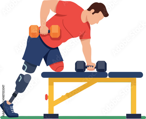 Man with prosthetic leg training with dumbbells on bench for fitness and rehabilitation vector illustration 