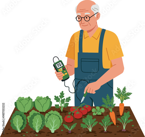 Elderly man gardening with digital soil moisture meter checking tomatoes and carrots in garden vector illustration 