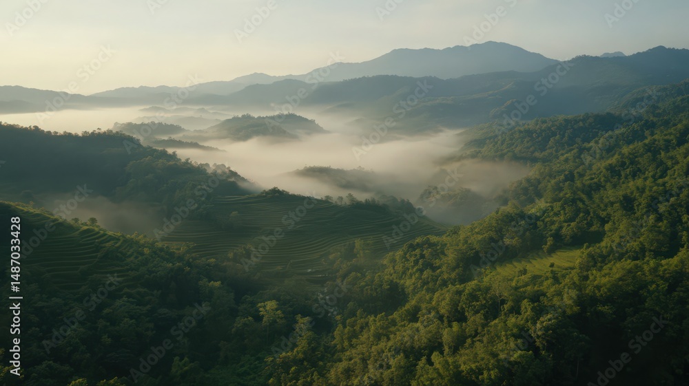 Fototapeta premium Aerial View of Rice Terraces Shrouded in Morning Mist