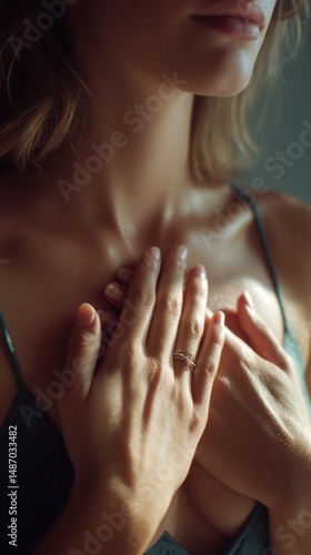 Woman's Hands Gently Touching Chest Soft Skin Close Up Portrait