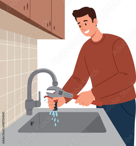 Man fixing leaking kitchen faucet with wrench in home repair setting vector illustration 
