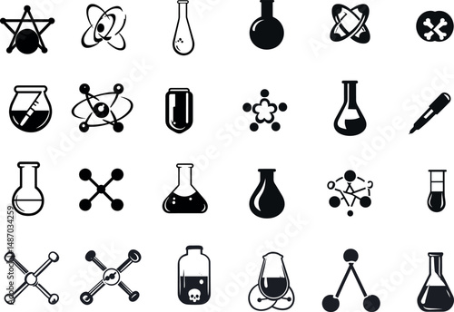 Collection of science and chemistry icons isolated on a white background