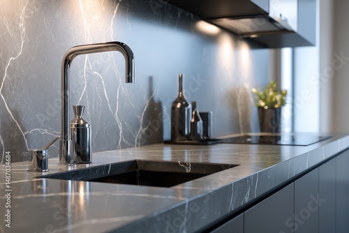 Elegant modern kitchen with marble countertops.