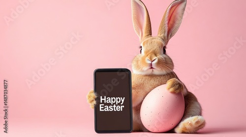 Easter bunny holding a phone with 