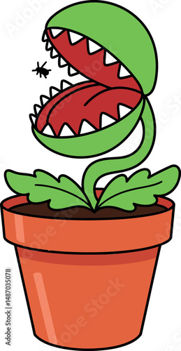 Carnivorous plant with open mouth in terracotta pot cartoon vector illustration 