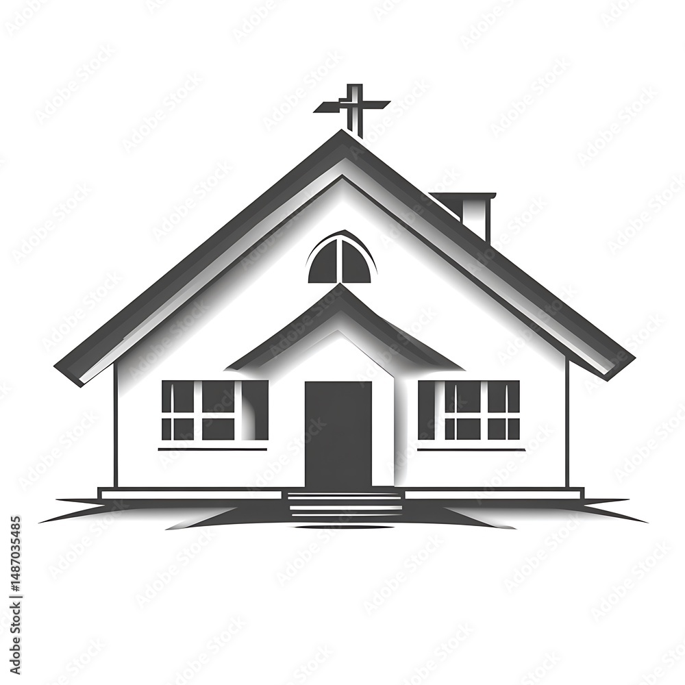 Simple grayscale illustration of a church building with a cross Simple grayscale illustration of a church building with a cross