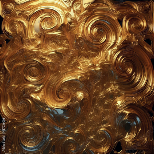 The image showcases an abstract, swirling pattern reminiscent of molten gold, featuring intricate spirals and flowing lines that create a luxurious, opulent aesthetic.