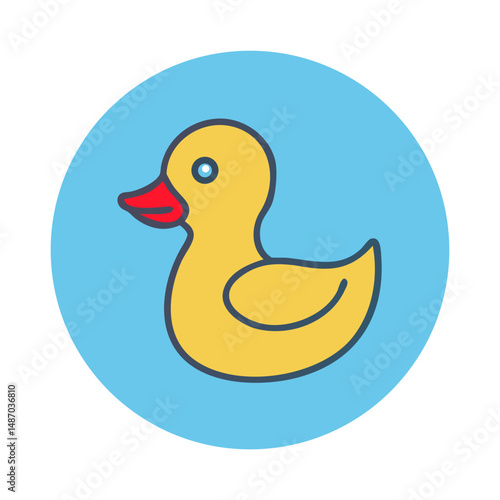 Cute yellow rubber ducky icon on blue circular background