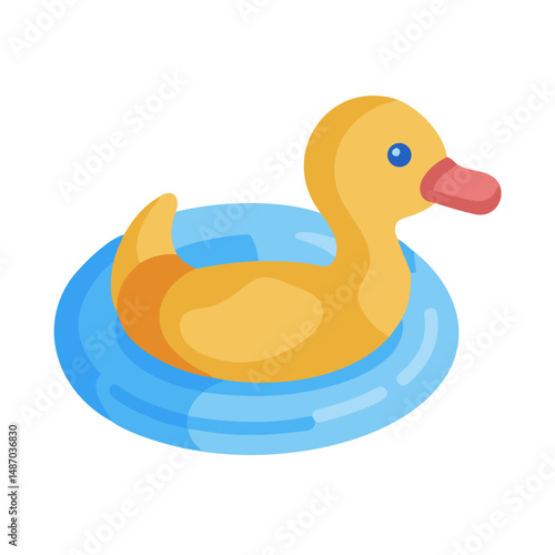 Cartoon rubber ducky in a blue inflatable ring, isolated