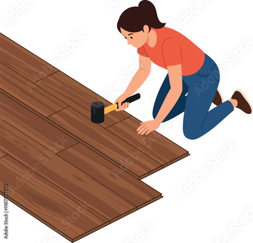 Woman installing dark wooden flooring with hammer and knee pads vector illustration 