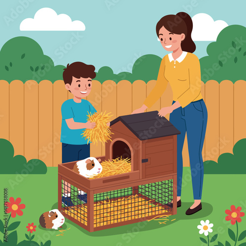 Mother and son caring for guinea pigs in backyard with wooden hutch and garden flowers 
