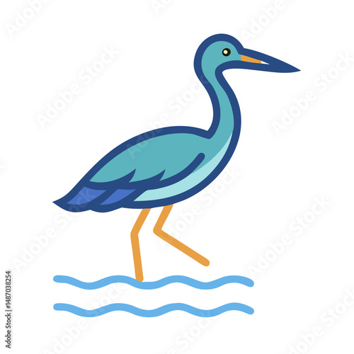 Minimalist Teal Heron Walking in Blue Waters Flat Design