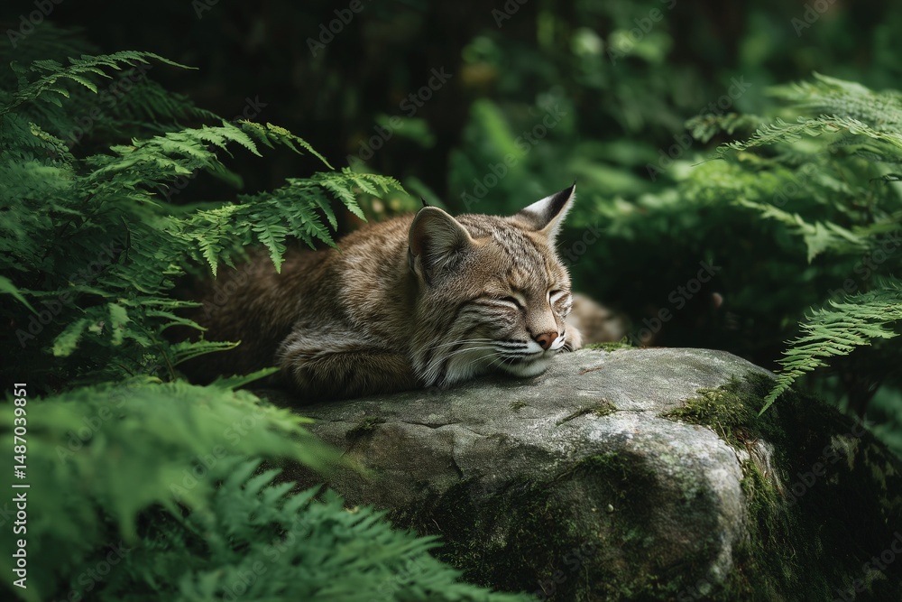 Fototapeta premium Lynx Resting Peacefully on a Mossy Rock