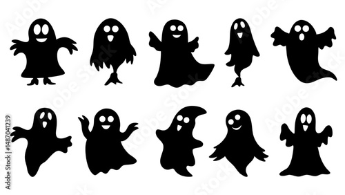 set of halloween ghosts silhouette vector on tranparent background