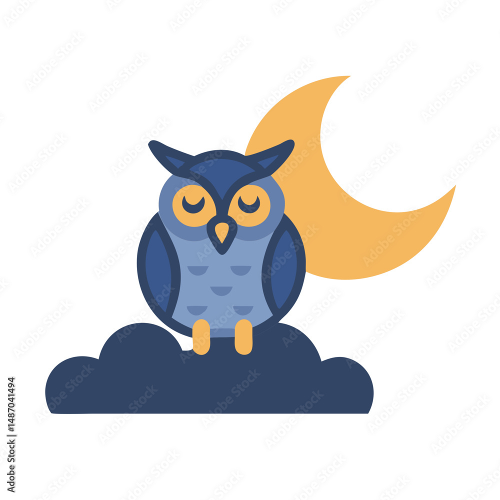 Stylized owl on a cloud beneath crescent moon Stylized owl on a cloud beneath crescent moon