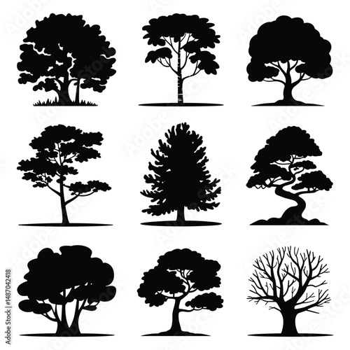 Vector set of black silhouette trees for design