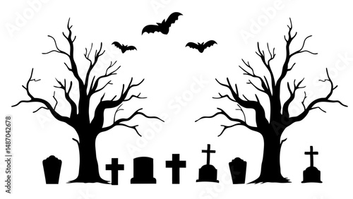 Vector black silhouette of a scary cemetery landscape with graves