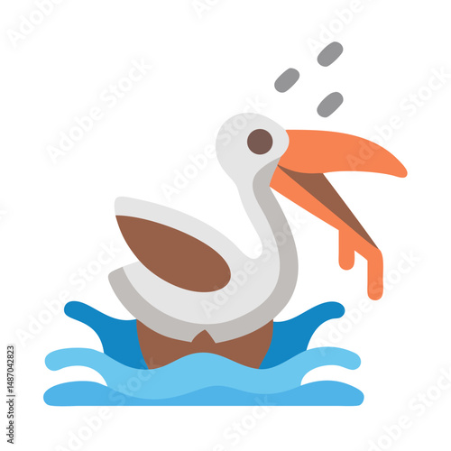 Stylized cartoon pelican swimming in water graphic on black