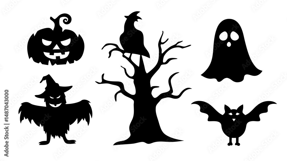 Fototapeta premium Halloween Spooky set vector art illustration such as pumpkin ghost bat black cat tree and a witch.