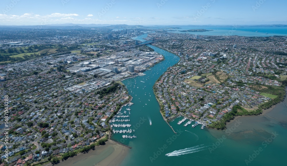 Aerial view of a sprawling urban landscape with a winding river. Aerial view of a sprawling urban landscape with a winding river.