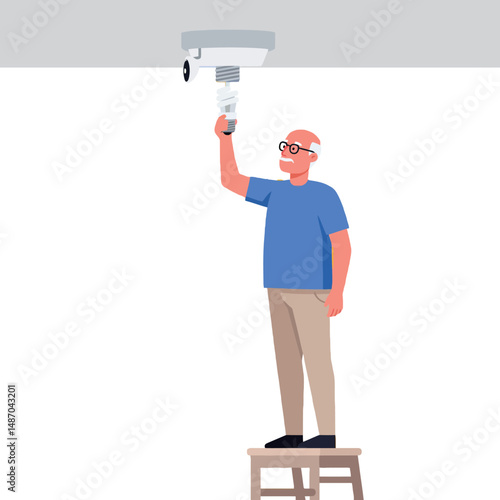 Man standing on stool installing smoke detector in home safety setup vector illustration 